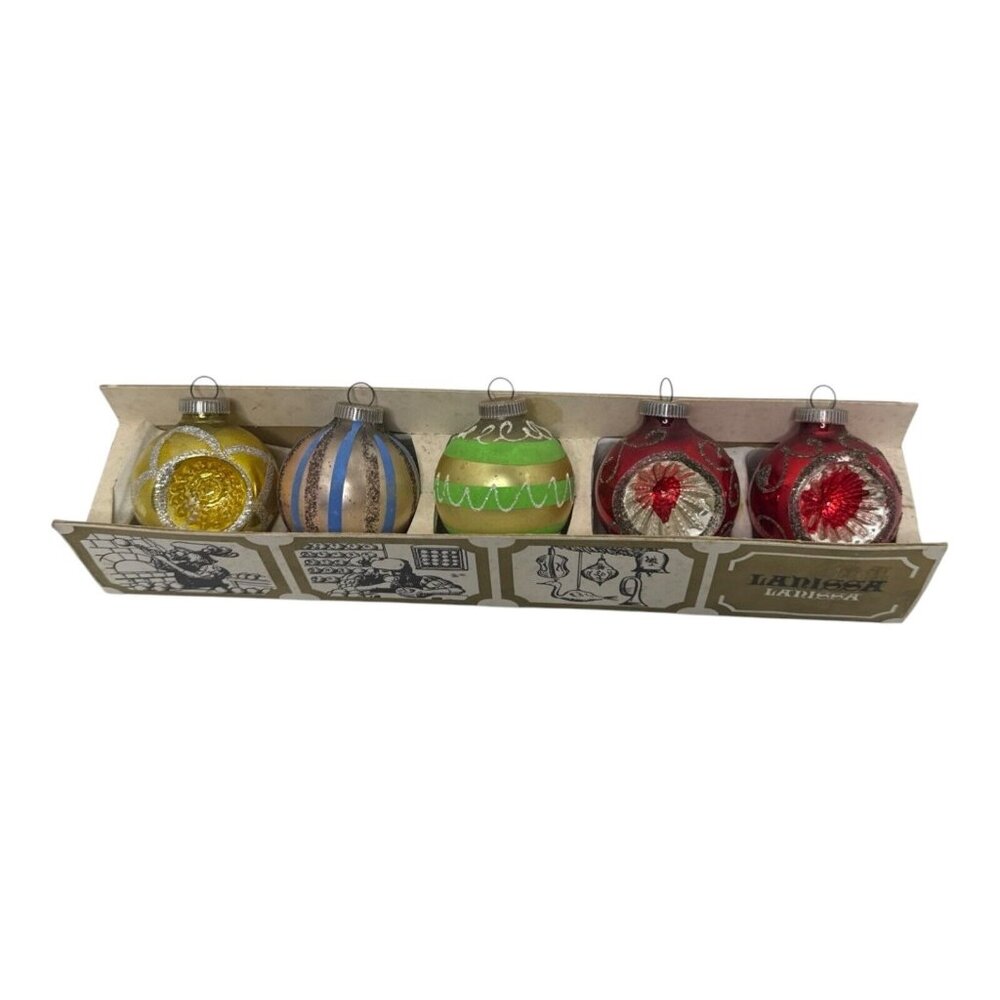 5 Shiny Brite Lanissa Christmas Ornaments West Germany Round Glitter Indent MCM